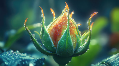 A close-up of a rosebud with dewdrops on its tightly curled petals, symbolizing new beginnings and freshness.の素材