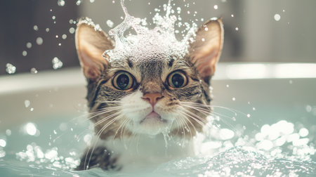 A cat playfully splashing in the bath, with bubbles on its head and water droplets flying around.の素材
