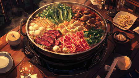 A bubbling hot pot with various ingredients like beef, mushrooms, and leafy greens, set in a beautiful dinner setting.の素材