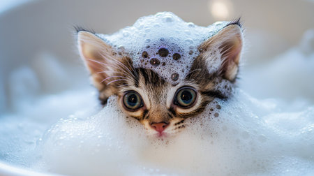 A bath time moment with a small kitten surrounded by bubbles, its head covered in soapy foam.の素材