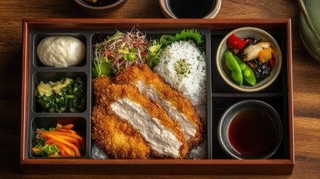 A traditional Japanese-style lunch box featuring tonkatsu, rice, and seasonal vegetables, beautifully arranged to create an inviting and balanced meal presentationの素材