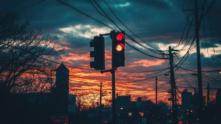 A traffic light captured during twilight, with the fading sunlight creating a warm glow, emphasizing the light's colors against a darkening skyの素材