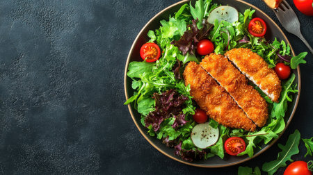 A vibrant arrangement of tonkatsu alongside a fresh salad of mixed greens and cherry tomatoes, emphasizing a healthy twist to this delicious dishの素材