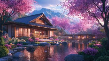 A traditional Japanese house featuring wooden beams, sliding shoji doors, and a thatched roof, set against a backdrop of tranquil gardens and cherry blossom treesの素材