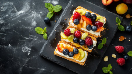 A creative shot of honey toast with layers of cream cheese and fresh fruit, beautifully arranged on a slate plate for an elegant dessert presentation.の素材