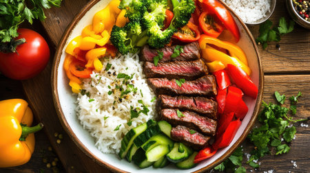 A vibrant display of a steak rice bowl on a wooden table, featuring marinated beef slices, perfectly cooked rice, and a colorful array of vegetables for a wholesome mealの素材