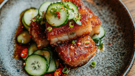 A vibrant display of fried pork belly on a rustic plate, garnished with sliced cucumbers and chili, showcasing the rich flavors and inviting textures of the dishの素材