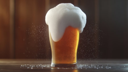 A frosty beer glass with light amber beer and a thick, creamy foam head, placed on a dark wooden surface with condensation highlighting the coldness.の素材