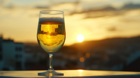 A glass of light golden beer with perfect carbonation, resting on a reflective surface, with a blurred cityscape visible in the background at sunset.の素材