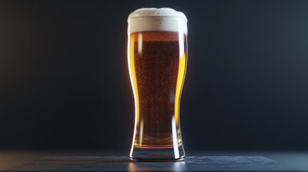 A modern beer glass with an amber brew and frothy head, placed on a slate surface, with minimal lighting for a sleek, sophisticated look.の素材