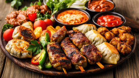 A wooden table set with a platter of momos, showcasing both steamed and fried varieties, surrounded by bowls of dipping sauces and garnished with fresh vegetablesの素材