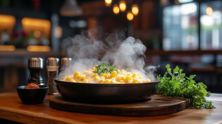 A cozy setup showcasing a bubbling skillet of cheese corn with steam rising, placed on a wooden table alongside fresh herbs and dipping sauces for an inviting presentation.の素材