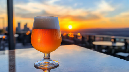A glass of light golden beer with perfect carbonation, resting on a reflective surface, with a blurred cityscape visible in the background at sunset.の素材