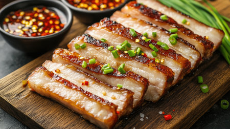 A wooden board featuring perfectly cooked pork belly slices, arranged neatly with a side of spicy dipping sauce and garnished with green onions and chili flakesの素材