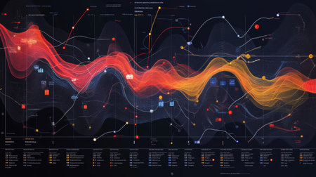 A detailed business graph illustrating market performance, with clearly defined axes and data points highlighted in bright colors, emphasizing financial analysis.の素材