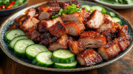 A vibrant display of fried pork belly on a rustic plate, garnished with sliced cucumbers and chili, showcasing the rich flavors and inviting textures of the dishの素材