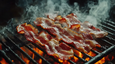 Close-up of bacon strips grilling on a metal grate, with flames and smoke adding a sense of heat and flavor to the scene, emphasizing the cooking processの素材