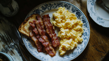 A plate of crispy bacon arranged alongside freshly buttered toast and scrambled eggs, served on a wooden table for breakfast.の素材