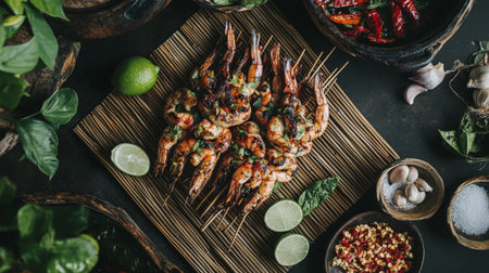 A rustic setting with grilled prawns on a wooden skewer resting on a bamboo mat, with ingredients like lime, garlic, and chilies nearby.の素材