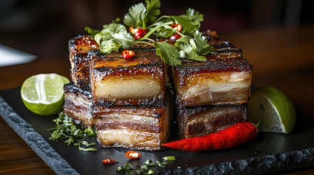 Grilled pork belly skewers with caramelized glaze, arranged on a black slate plate with chili peppers and lime wedgesの素材