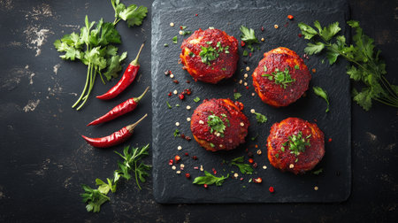 Tandoori chicken thighs with a smoky crust and bright red spices, served on a black slate board with fresh herbs and chili peppersの素材