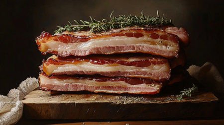 A stack of crispy bacon slices piled high on a wooden cutting board, with fat glistening under the light and fresh herbs as garnish.の素材