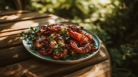 A plate of perfectly grilled prawns on a wooden table, garnished with Thai herbs, all captured in natural sunlight for a fresh, summery look.の素材
