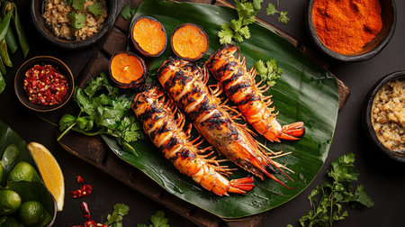 A perfectly grilled prawn with charred orange shells resting on a banana leaf plate, surrounded by tropical herbs and spices for decoration.の素材