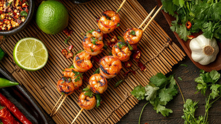 A rustic setting with grilled prawns on a wooden skewer resting on a bamboo mat, with ingredients like lime, garlic, and chilies nearby.の素材