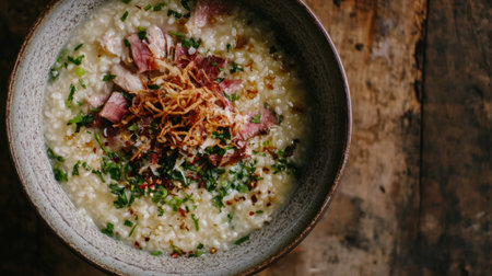 A top-down view of a hearty bowl of rice porridge with various toppings, including fried shallots, sliced meat, and herbs, creating an appetizing presentation.の素材