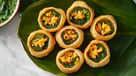 A top-down view of a group of pani puri served on a banana leaf, showcasing their golden-brown color and the delicious filling peeking out from each puri.の素材