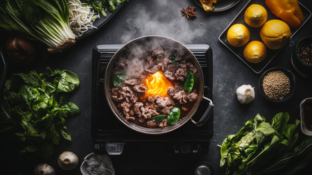 A top-down view of a bubbling sukiyaki pot on a portable burner, surrounded by fresh ingredients ready for cooking, creating an inviting and warm atmosphere.の素材