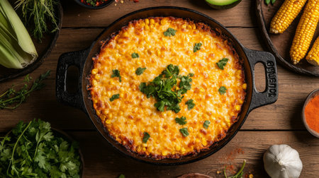 A top-down view of a rustic wooden table featuring a skillet of hot cheese corn surrounded by fresh ingredients like corn, cheese, and herbs, creating a warm atmosphere.の素材