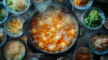 A top-down view of a festive sukiyaki gathering, featuring a large pot filled with bubbling broth surrounded by bowls of colorful ingredients ready for cooking.の素材