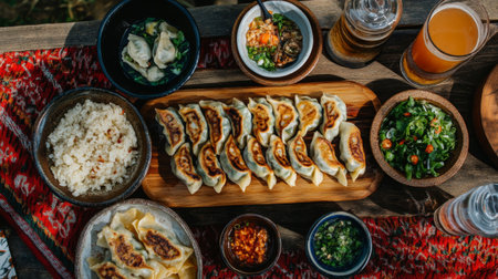 A top-down view of a picnic spread featuring gyoza alongside various side dishes and beverages, creating a delightful and inviting atmosphere for outdoor dining.の素材