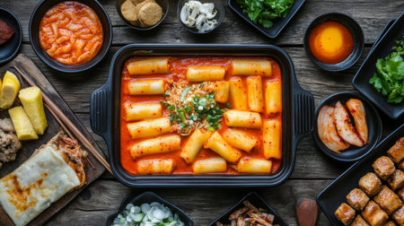 A top-down view of a picnic spread featuring tteokbokki alongside various Korean snacks and beverages, creating a delightful and inviting atmosphere for outdoor dining.の素材