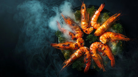 A top-down view of large grilled prawns arranged in a circle on a platter, with steam rising and a golden-brown char on the prawns shells.の素材