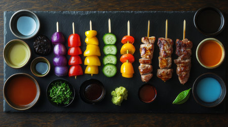 A top-down view of yakitori skewers served on a black slate plate, accompanied by colorful dipping sauces and garnished with fresh vegetables for a striking contrast.の素材