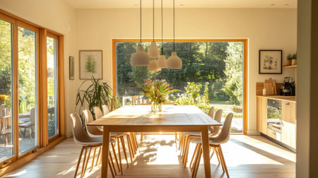 A bright Nordic-style dining room with a large wooden table, Scandinavian chairs, and simple pendant lights.の素材