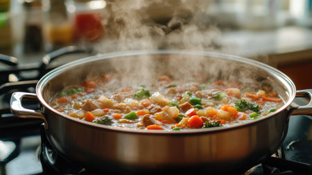 A close-up of a hot pot on the stove, steaming with rich broth and filled with fresh vegetables and meat.の素材