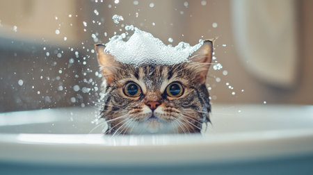 A cat playfully splashing in the bath, with bubbles on its head and water droplets flying around.の素材