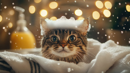 A cat with bubbles on its head during a bath, with a towel and bath accessories in the background.の素材