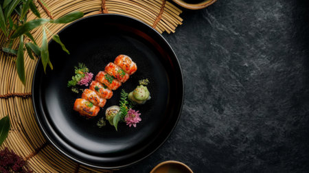 Grilled prawns in an elegant, minimalistic setting, served on a black ceramic plate with artistic garnish, surrounded by natural bamboo mats.の素材