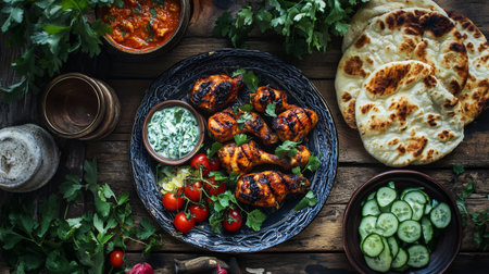 A vibrant presentation of tandoori chicken accompanied by naan bread and a side of cucumber raita, showcasing a delicious Indian meal with colorful garnishes.の素材