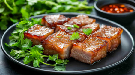 Crispy, caramelized pork belly fried with fish sauce, served on a sleek black plate, surrounded by fresh green herbs and a small dipping bowl of spicy sauce.の素材