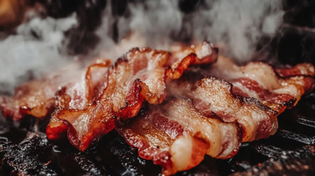 Crispy bacon slices sizzling in a hot pan, with a close-up of the golden edges curling as they cook in their own grease.の素材