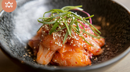 A vibrant presentation of kimchi served in a traditional Korean bowl, garnished with sesame seeds and green onions, creating an appetizing and inviting look.の素材