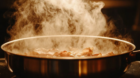 Crispy bacon slices sizzling in a hot pan, with a close-up of the golden edges curling as they cook in their own grease.の素材