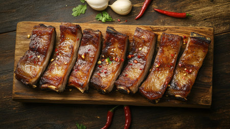 Slices of pork belly fried to a golden crisp, glistening with fish sauce, laid out on a rectangular wooden platter with garlic cloves and red chili garnish.の素材