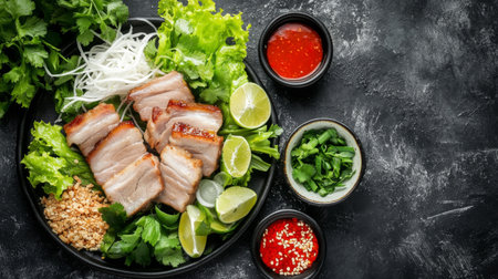 A vibrant presentation of pork belly served in a traditional Thai dish, garnished with fresh herbs and accompanied by spicy dipping sauce for an appetizing look.の素材